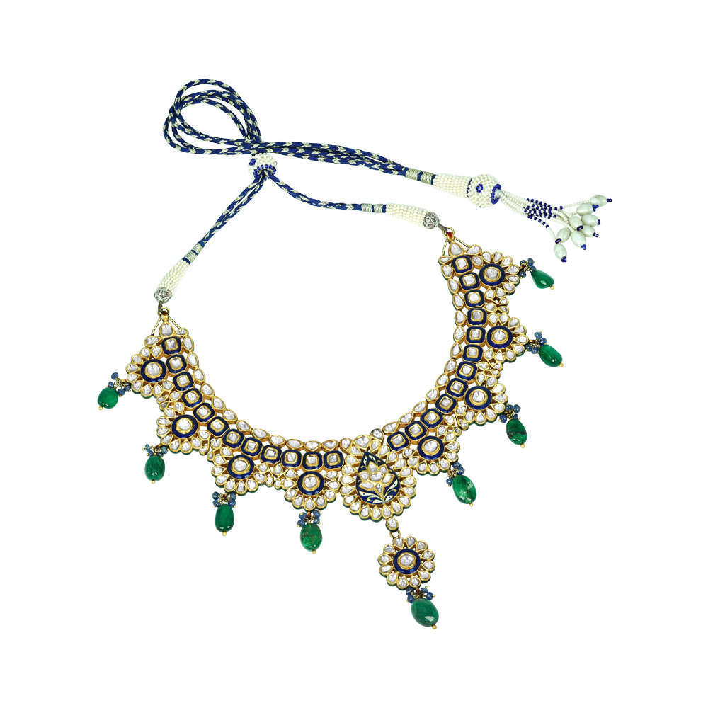 Blue Enamel Polki Necklace with Floral Pendant and Emerald Drops